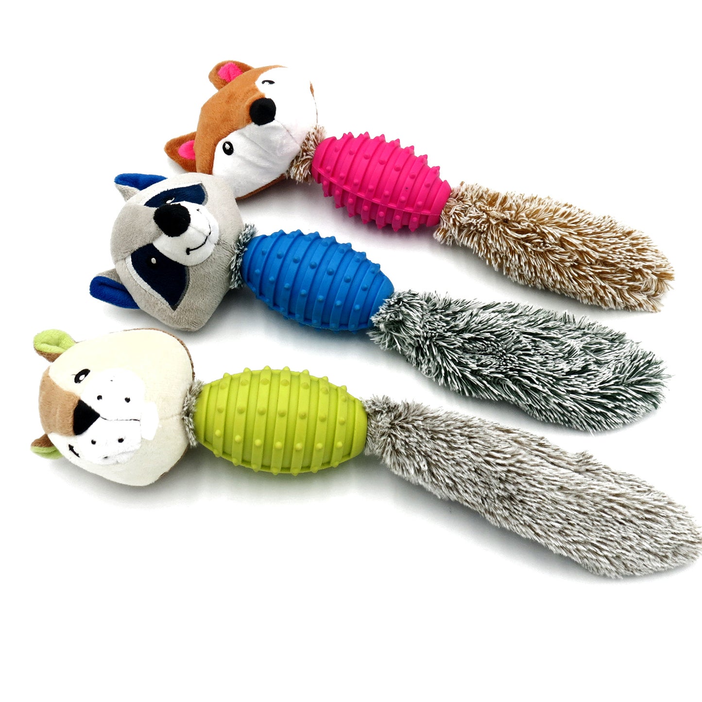 Soft toy for dogs with a teeth cleaning rubber ball