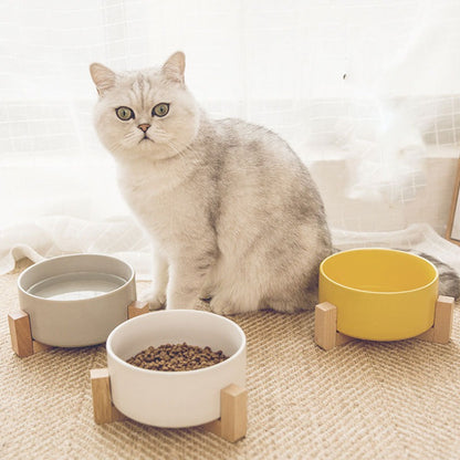 Ceramic food bowl with stable wooden base in a clean design