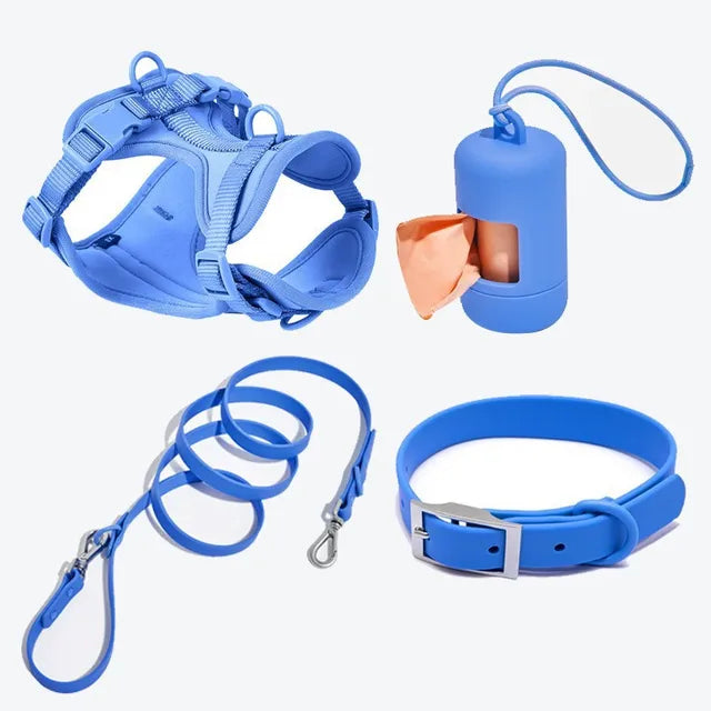 Luxurious color-matched set with harness, leash, collar and waste bag container