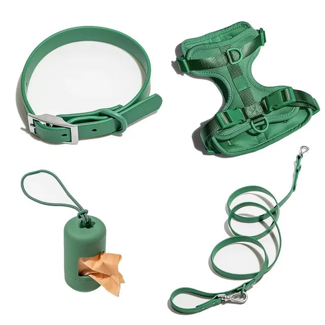 Luxurious color-matched set with harness, leash, collar and waste bag container