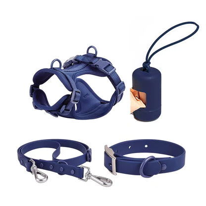 Luxurious color-matched set with harness, leash, collar and waste bag container