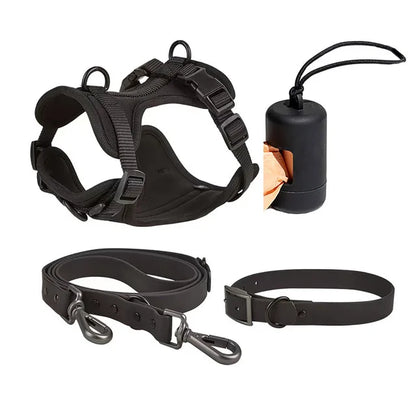 Luxurious color-matched set with harness, leash, collar and waste bag container