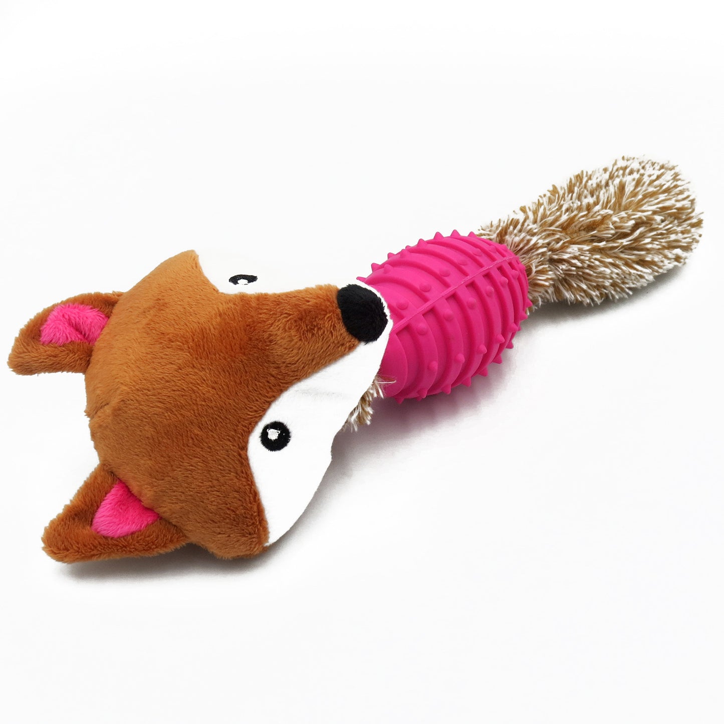 Soft toy for dogs with a teeth cleaning rubber ball