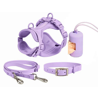 Luxurious color-matched set with harness, leash, collar and waste bag container