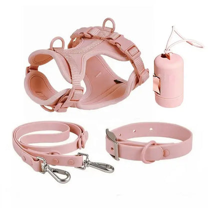 Luxurious color-matched set with harness, leash, collar and waste bag container