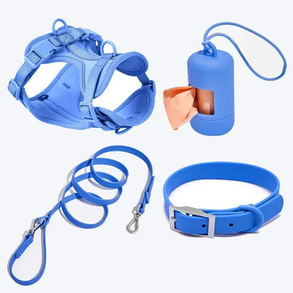 Luxurious color-matched set with harness, leash, collar and waste bag container