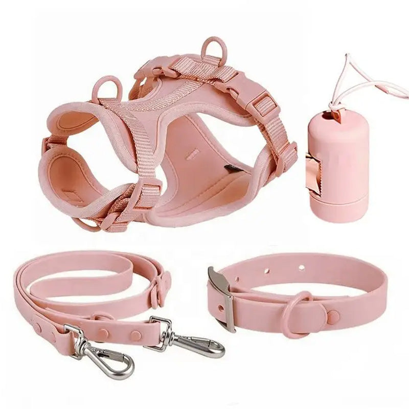 Luxurious color-matched set with harness, leash, collar and waste bag container