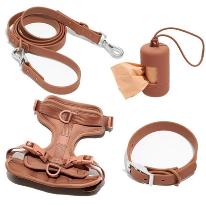 Luxurious color-matched set with harness, leash, collar and waste bag container