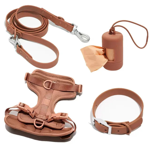 Luxurious color-matched set with harness, leash, collar and waste bag container