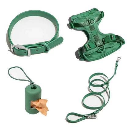 Luxurious color-matched set with harness, leash, collar and waste bag container