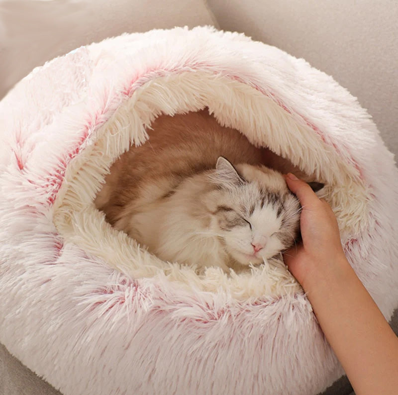 Soothing cat cave in soft plush