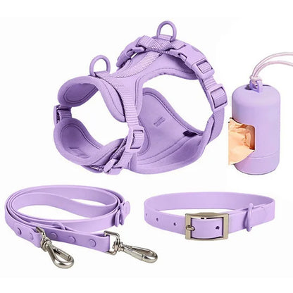 Luxurious color-matched set with harness, leash, collar and waste bag container