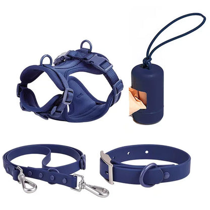 Luxurious color-matched set with harness, leash, collar and waste bag container