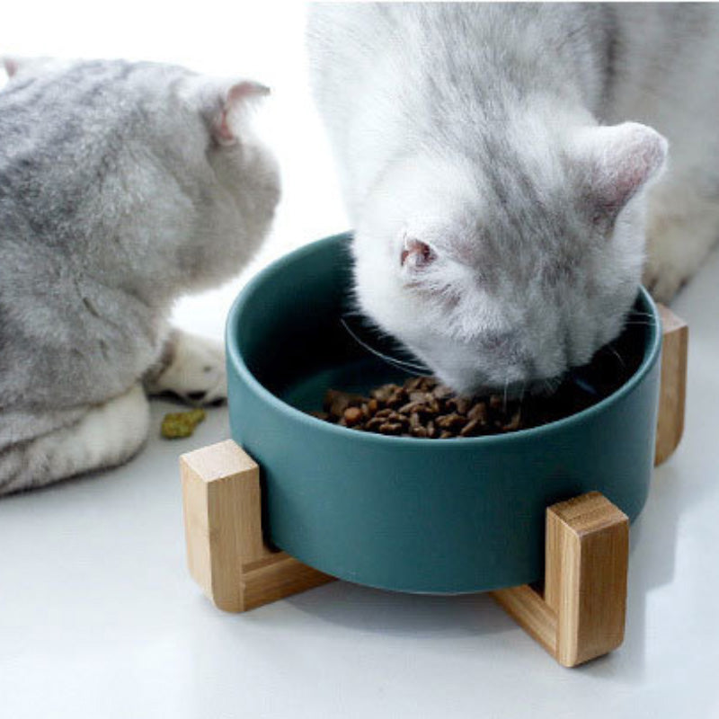 Ceramic food bowl with stable wooden base in a clean design