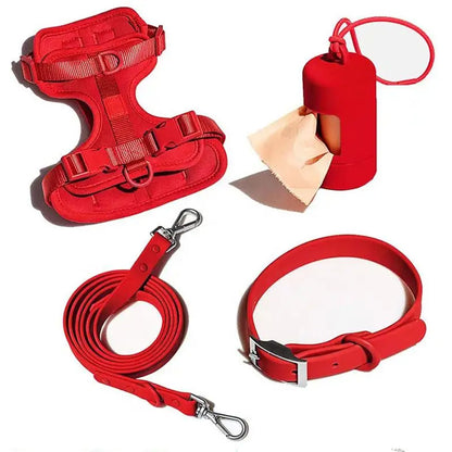 Luxurious color-matched set with harness, leash, collar and waste bag container