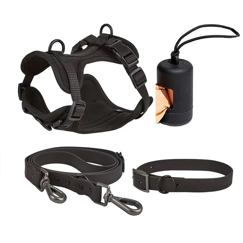 Luxurious color-matched set with harness, leash, collar and waste bag container