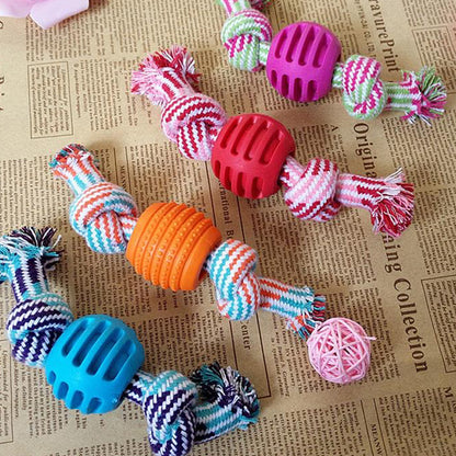 Cotton rope chew toy with rubber ball for dogs